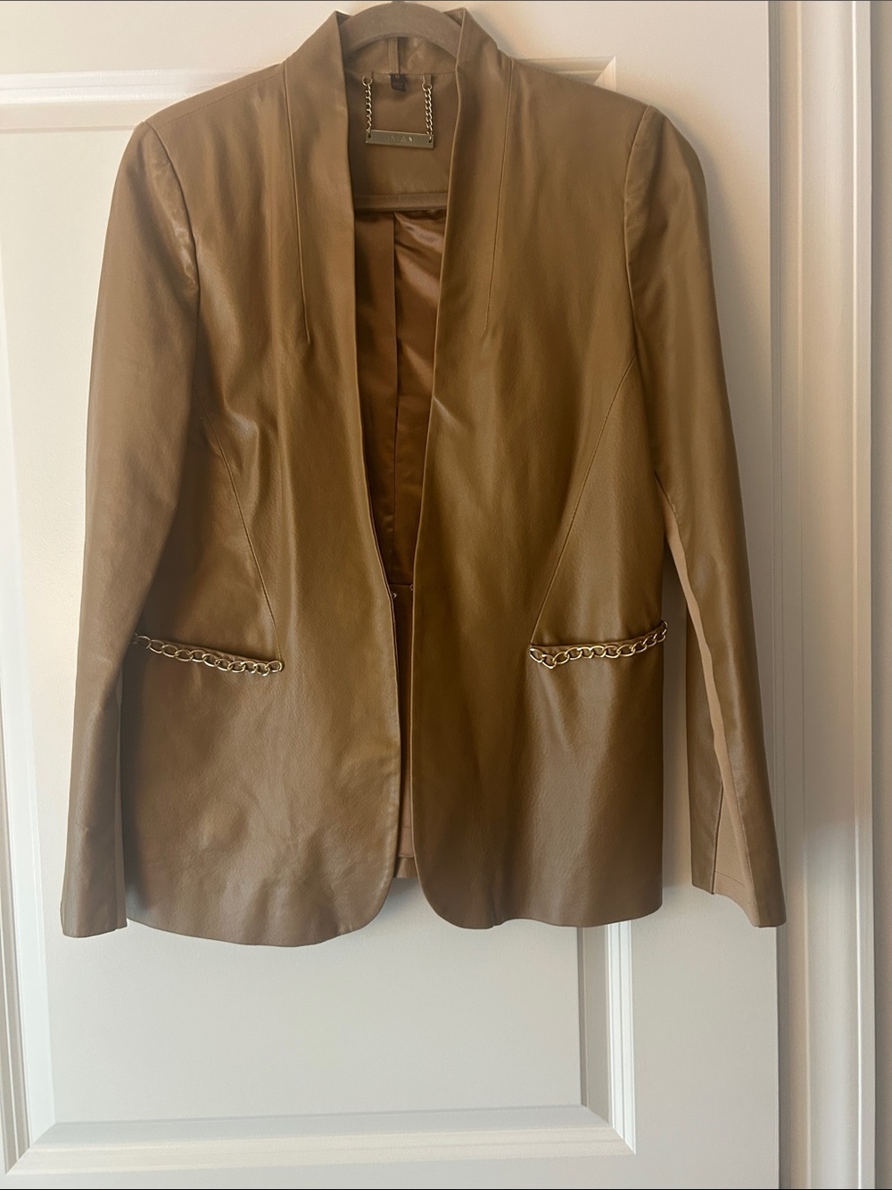 IMAN Tan Leather Blazer with Gold Chain Pocket Trim